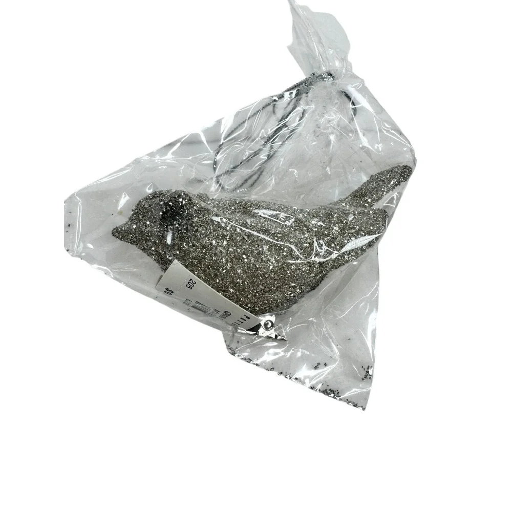 New Pottery Barn Glitter Bird Ornament Silver Christmas Decor‎ Clip